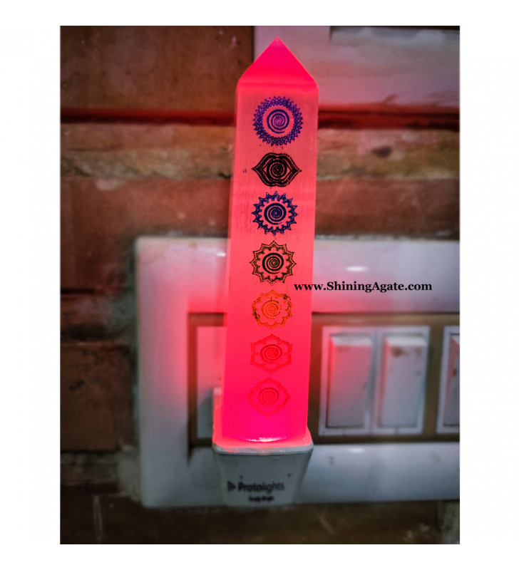 Selenite Tower Engraved Chakra Red Light Night Lamp