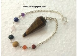 TIGER EYE SIX FACETTED PENDULUM WITH CHAKRA CHAIN