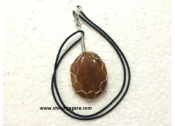 ORANGE AVENTURINE OVAL WIRE WRAPPED PENDANT WITH CORD