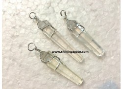 CRYSTAL QUARTZ SILVER WIRE WRAPPED DOUBLE POINT PENCIL PENDANT