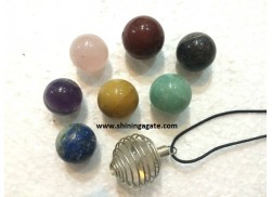 MIX GEMSTONE BALLS WIRE WRAPPED CAGE PENDANTS WITH CORD