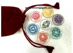 CRYSTAL QUARTZ ENGRAVE CHAKRA COLOURFUL DISC SET WITH RED POUCH