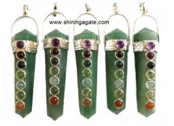 GREEN AVENTURINE DOUBLE POINT PENCIL PENDANT WITH CHAKRA CABS