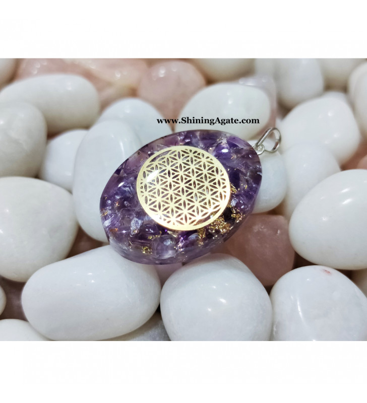 Amethyst Orgonite Oval Pendant with Flower Of Life Symbol